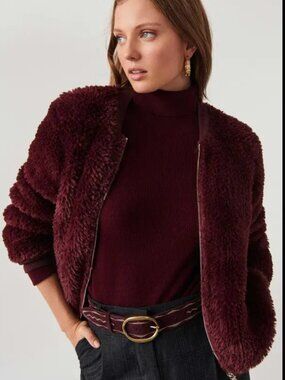 ba&sh Gaby Faux Fur Bomber Coat - Bordeaux Red - Size 3 / US L - New (no tags)